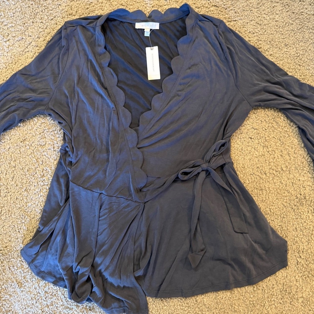 Anthropologie Eri + Ali Wrap Top XL Scallop Trim Bell Sleeve Jersey Gray - Picture 3 of 7